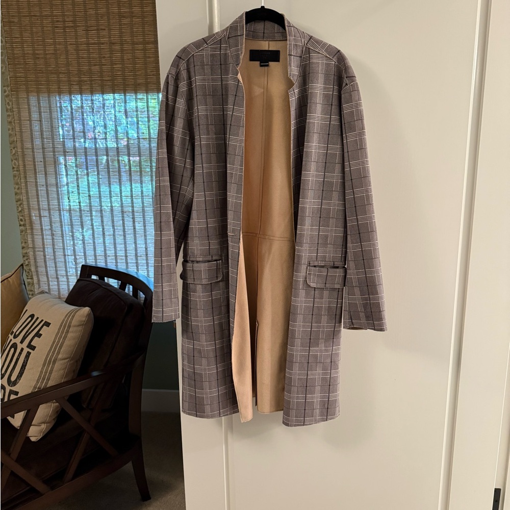 Gray Plaid Open Front Coat